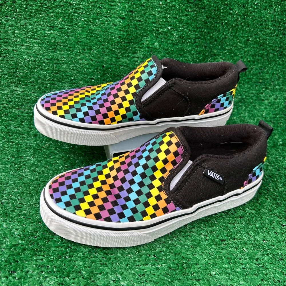 Vans Classic Slip-On Rainbow Checkerboard Black Multi Shoes US Missy 2.0 500714